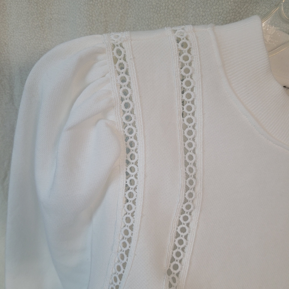 NEW! Elegant White Lace Crochet Trim Casual Sweatshirt Boho Cottagecore, XS - Picture 2 of 9